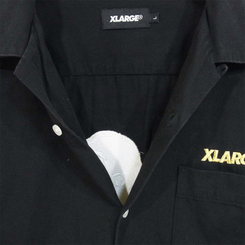エクストララージ ロゴ 刺繍 オープンカラー 半袖シャツ ブラック系 L【中古】
