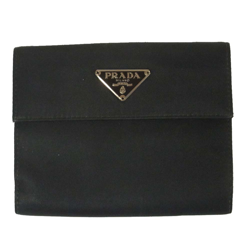 PRADA プラダ Wallet Logo Plate Nylon ロゴ プレート ナイロン 二つ折り財布 イタリア製 ブラック系【中古】