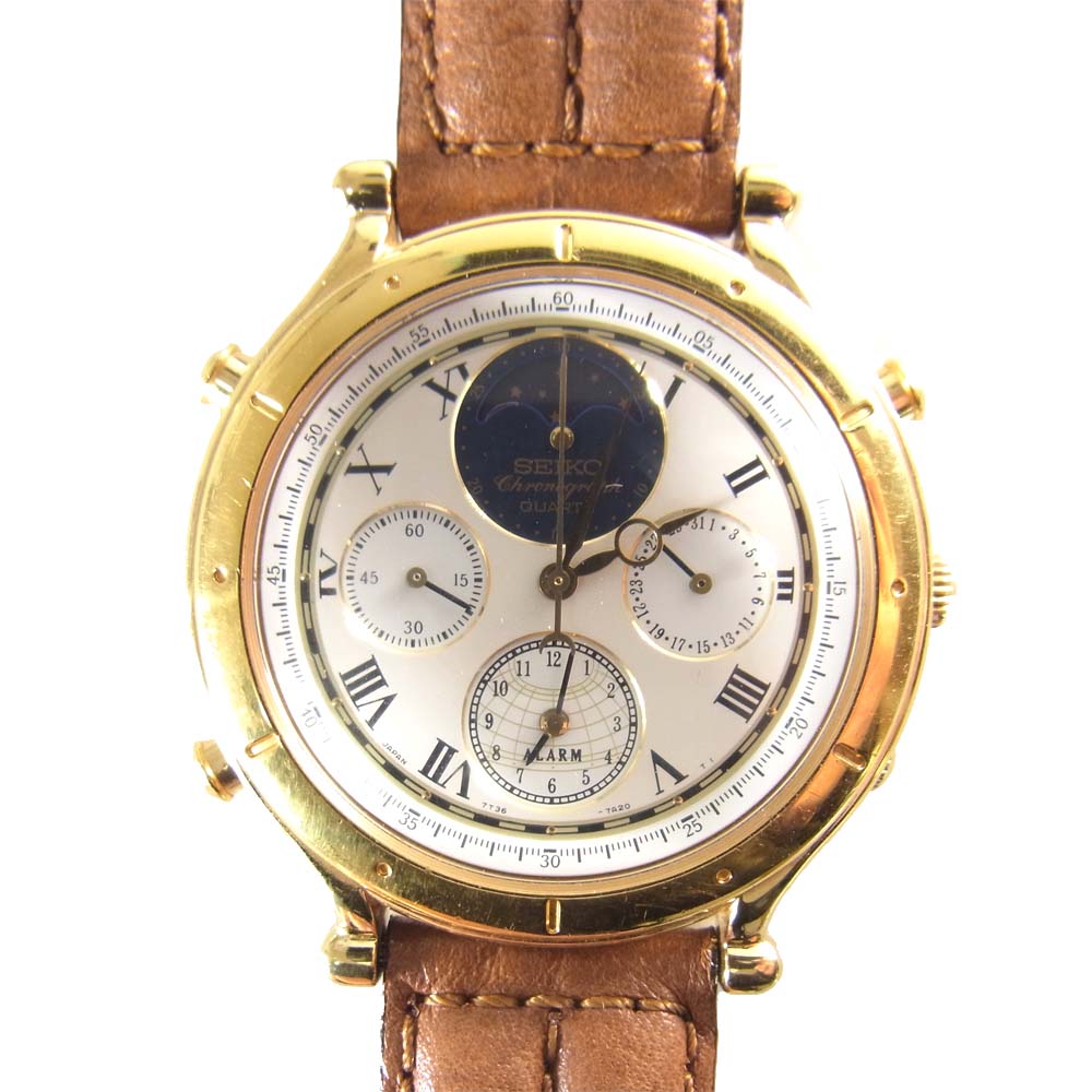 SEIKO セイコー 7T36-7A10 ムーンフェイズ クロノグラフ ゴールド系【中古】