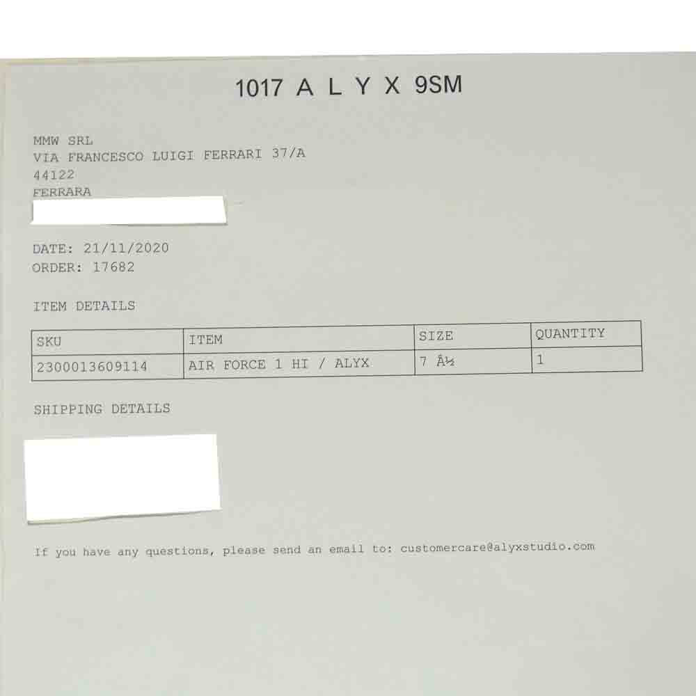 NIKE ナイキ 20AW CQ4018 100 アリクス ALYX AIR FORCE 1 HI エア フォース ハイ スニーカー ホワイト系 25.5cm【新古品】【未使用】【中古】
