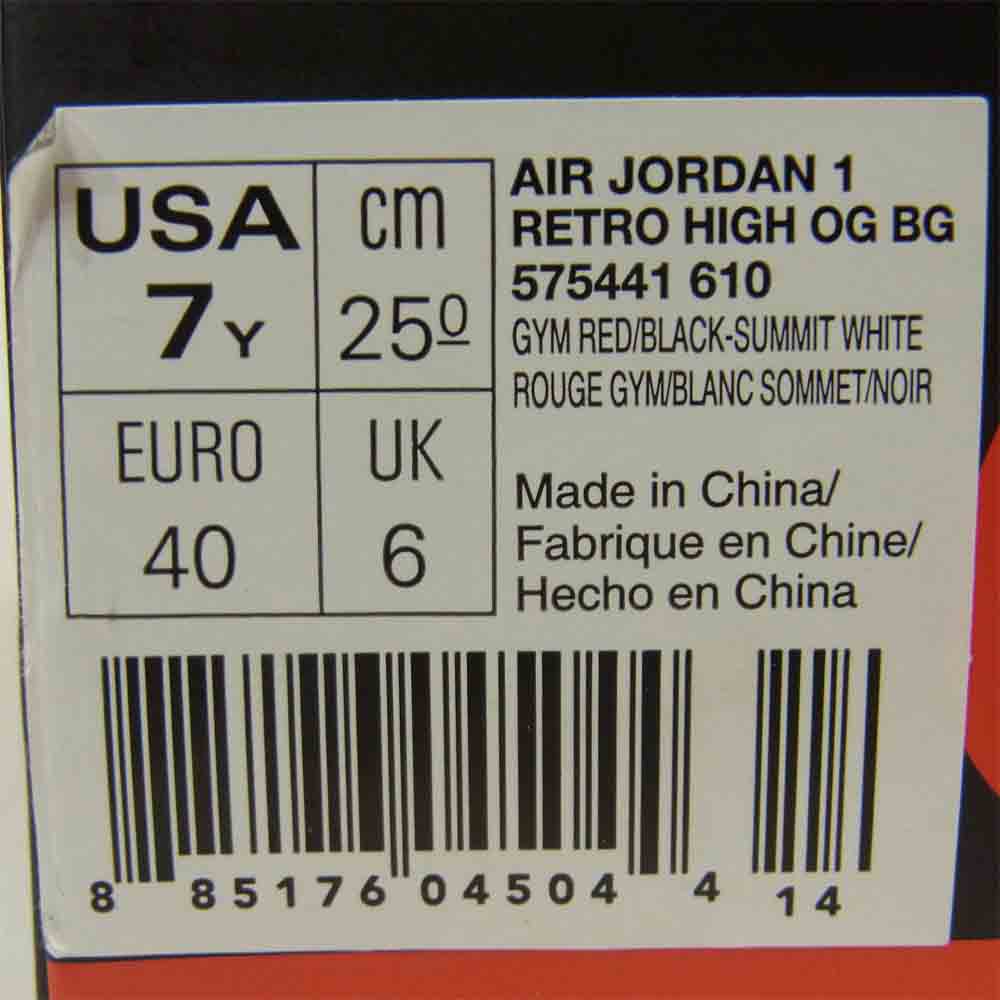 NIKE AIR JORDAN ナイキ ジョーダン 575441-610 1 RETRO HIGH OG BG BRED TOE ワン レトロ ハイ ブレッドトゥ スニーカー ブラック系 レッド系 25cm【中古】