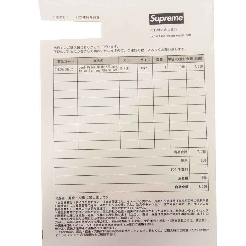 Supreme シュプリーム 20AW 納品書付 Joel-Peter Witkin Mother and Child Tee ジョエル-ピーター ウィトキン マザー アンド チャイルド Tシャツ ブラック系 L【新古品】【未使用】【中古】