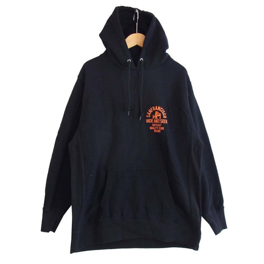 HideandSeek ハイドアンドシーク ロゴ プリント プルオーバー パーカー ブラック系 L【中古】