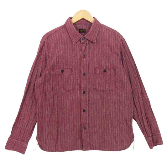 TENDERLOIN テンダーロイン T-STRIPE CHAMBRAY SHT STAND ストライプ シャンブレー スタンドカラー 長袖シャツ エンジ系 L【中古】