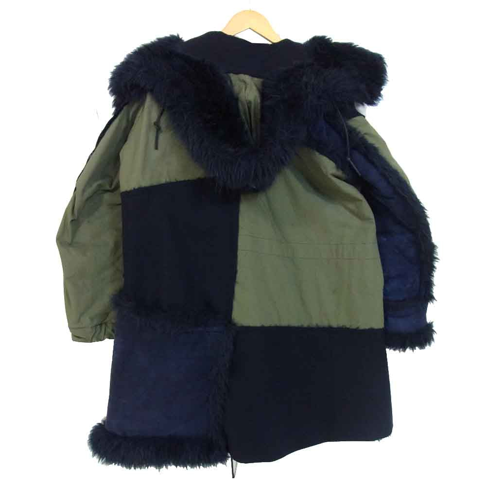 Sacai サカイ 18AW 18-01815M ドッキング ファー コート フード レザー ロング カーキ×ネイビー系 1【中古】