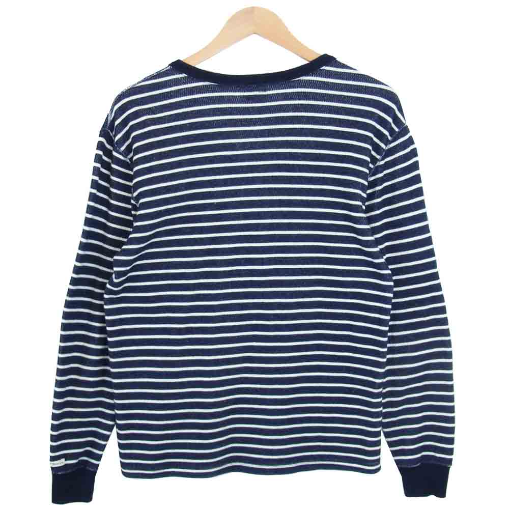 THE FLAT HEAD ザフラットヘッド インディゴ ボーダー サーマル ヘンリーネック Tシャツ ネイビー系 ホワイト系 M【中古】