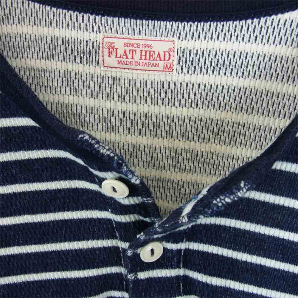THE FLAT HEAD ザフラットヘッド インディゴ ボーダー サーマル ヘンリーネック Tシャツ ネイビー系 ホワイト系 M【中古】