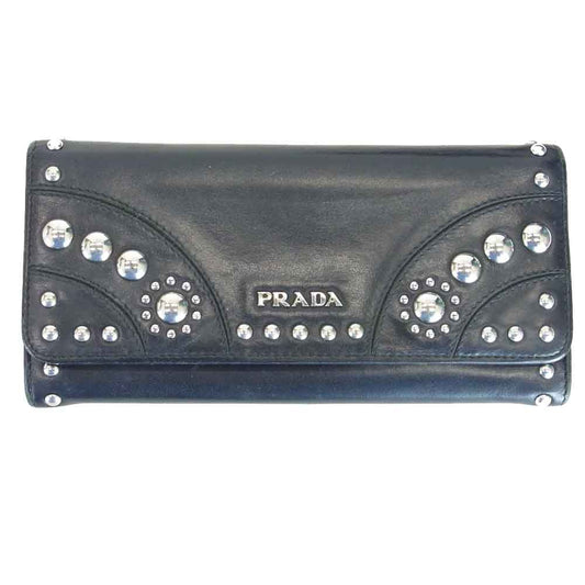 PRADA プラダ 1M1132 レザー スタッズ ロング ウォレット 二つ折り 財布 ブラック系 表記無し【中古】
