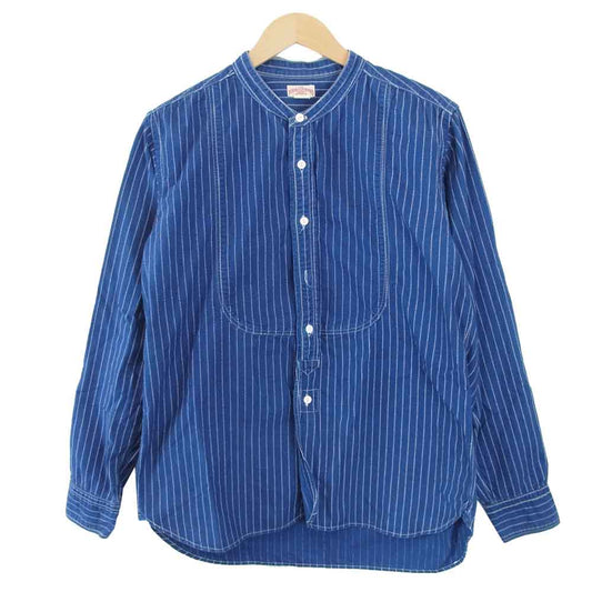 The REAL McCOY'S ザリアルマッコイズ DOUBLE DIAMOND ダブルダイヤモンド ウォバッシュ ストライプ ノーカラー シャツ ネイビー系 16【中古】