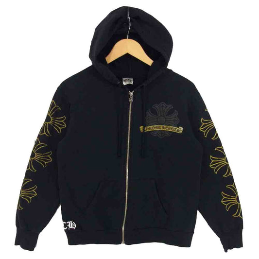 CHROME HEARTS クロムハーツ（原本無） 001-073878 SWTSHRT HD ZIP バック クロスプリント ジップパーカー ブラック系 ゴールド系 S【中古】