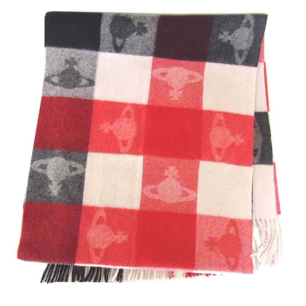 Vivienne Westwood ヴィヴィアンウエストウッド オーブ カシミヤ100％ マフラー 白赤黒系【美品】【中古】