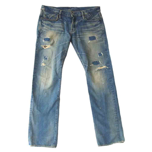 HYSTERIC GLAMOUR ヒステリックグラマー 4AP-2104 小窓 スタッズ リメイク ダメージ ボタンフライ デニムパンツ  インディゴブルー系 34【中古】