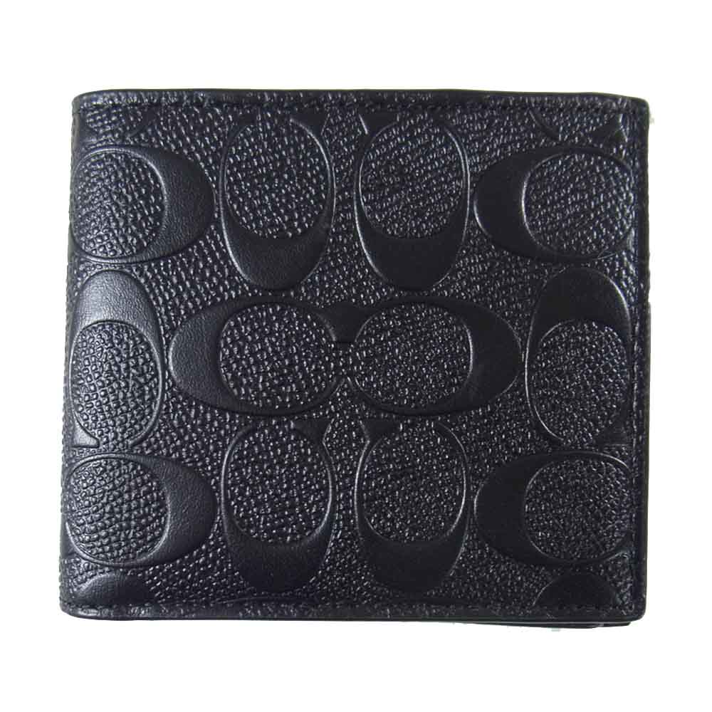 COACH コーチ F75363 シグネチャー レザー 2つ折財布  ブラック系【美品】【中古】