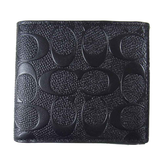 COACH コーチ F75363 シグネチャー レザー 2つ折財布  ブラック系【美品】【中古】