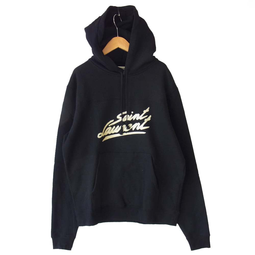 SAINT LAURENT サンローラン 20AW 631086 YBVB フィフティーズ シグネチャーフーディー ロゴプリント パーカー ブラック系 オフホワイト系 L【美品】【中古】