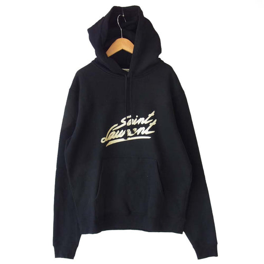 SAINT LAURENT サンローラン 20AW 631086 YBVB フィフティーズ シグネチャーフーディー ロゴプリント パーカー ブラック系 オフホワイト系 L【美品】【中古】