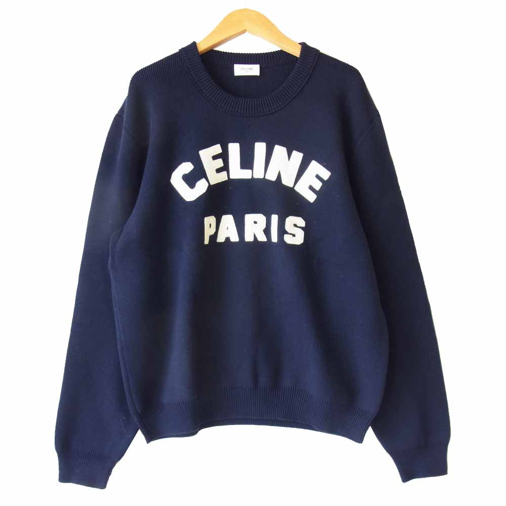 CELINE セリーヌ メンズ フロック クルーネック セーター ロゴパッチ ニット ネイビー系 オフホワイト系 XL【美品】【中古】