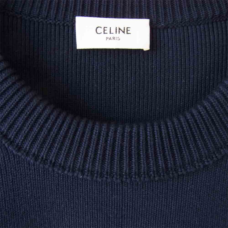 CELINE セリーヌ メンズ フロック クルーネック セーター ロゴパッチ ニット ネイビー系 オフホワイト系 XL【美品】【中古】