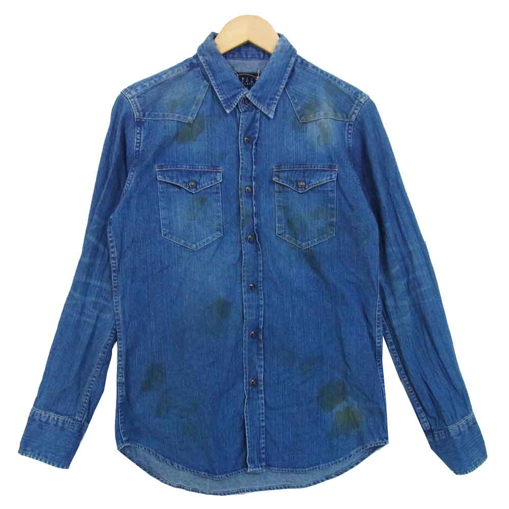 クロ デニム シャツ 汚れ加工 ダメージ加工 インディゴブルー系 L【中古】