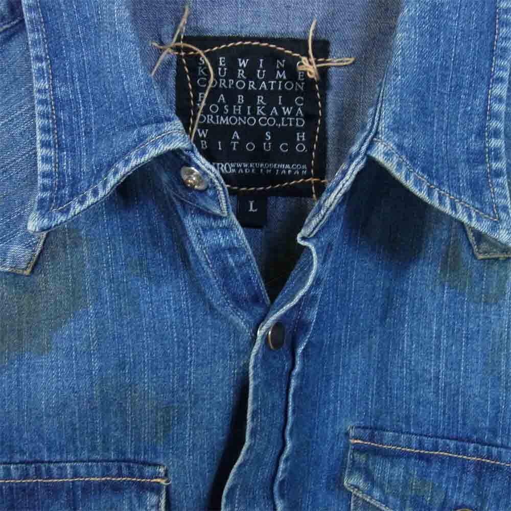 クロ デニム シャツ 汚れ加工 ダメージ加工 インディゴブルー系 L【中古】