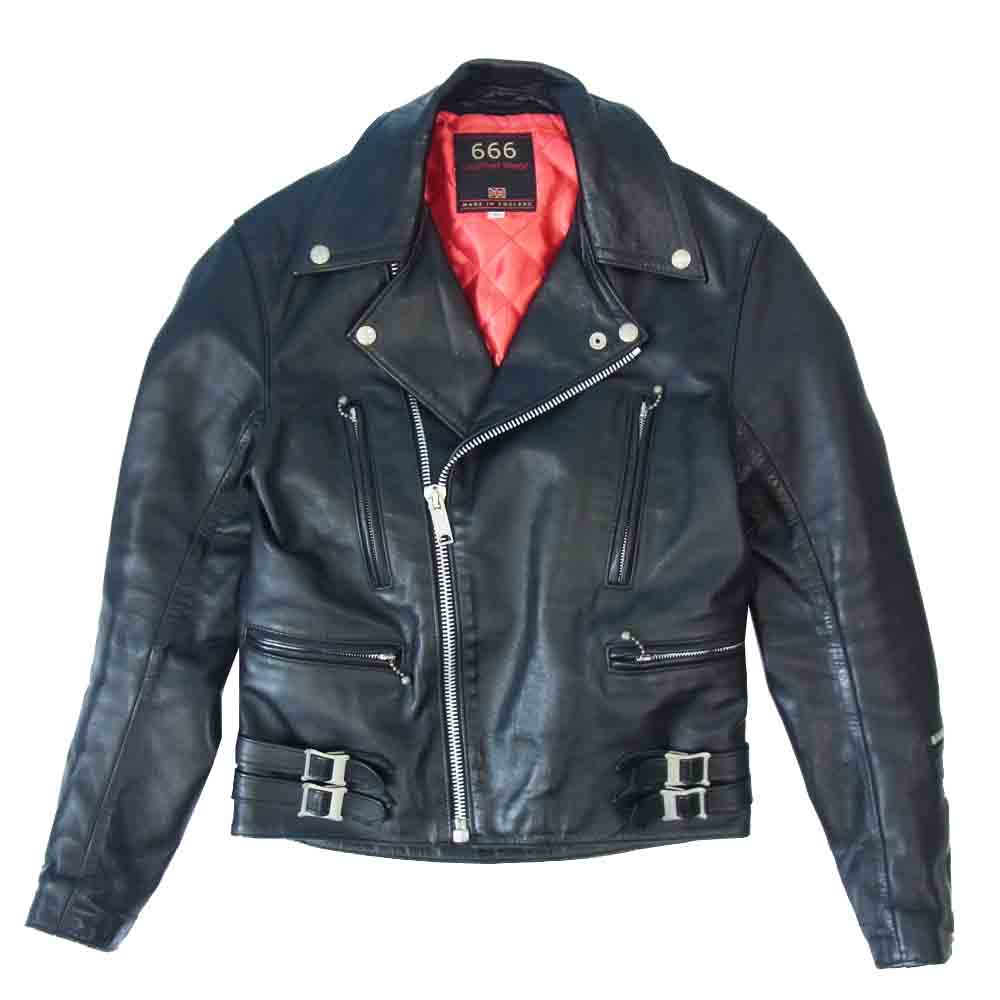 トリプルシックス 英国製 裏地キルティング サイドベルト レザー ダブルライダース ジャケット ブラック系 レッド系 34【中古】