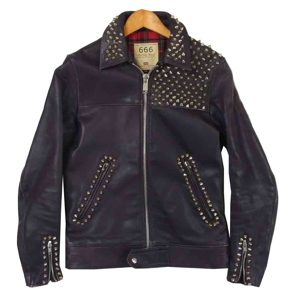 トリプルシックス スタッズ シングル ライダース ジャケット レザー イギリス製 パープル系 34【中古】