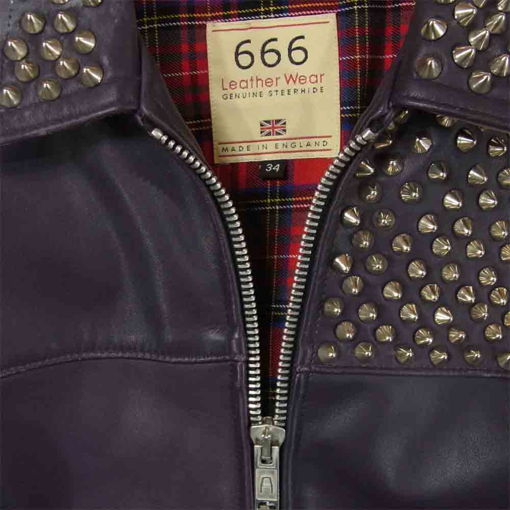 トリプルシックス スタッズ シングル ライダース ジャケット レザー イギリス製 パープル系 34【中古】