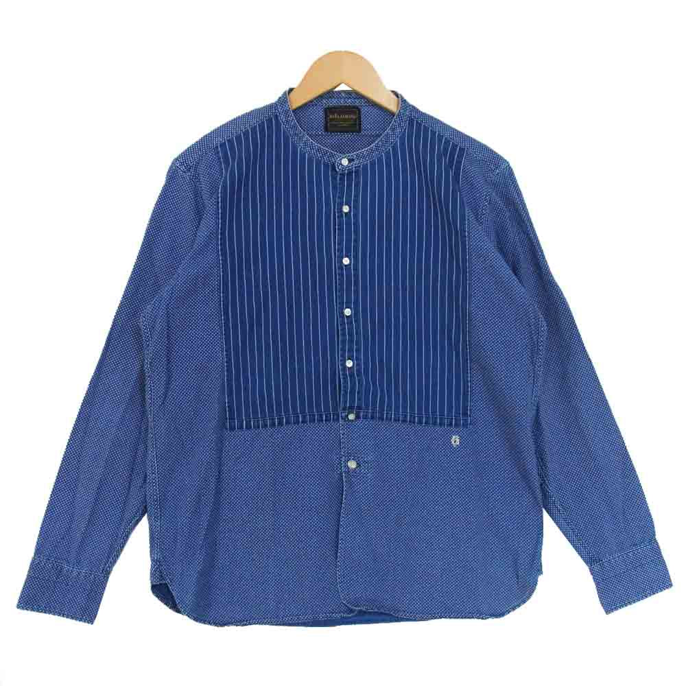 BY GLADHAND バイグラッドハンド BYGH-15-AW-14 ノーカラー ウォバッシュ ストライプシ 切替 シャツ インディゴブルー系 L【中古】