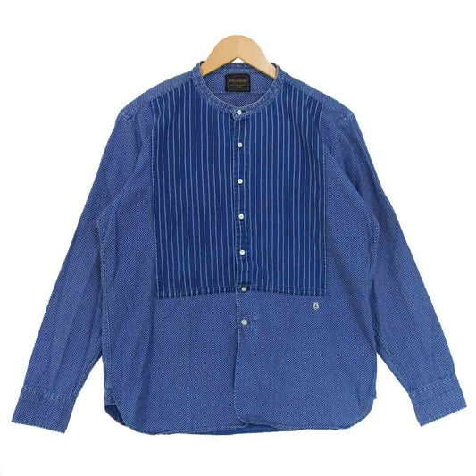 BY GLADHAND バイグラッドハンド BYGH-15-AW-14 ノーカラー ウォバッシュ ストライプシ 切替 シャツ インディゴブルー系 L【中古】