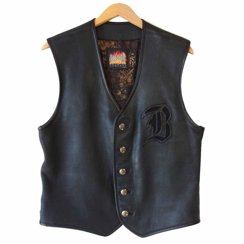 BILL WALL LEATHER ビルウォールレザー Bクラウンボタン マリブクロス スカル 裏地チャイナシルク レザー ベスト ブラック系【中古】