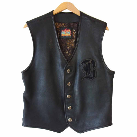 BILL WALL LEATHER ビルウォールレザー Bクラウンボタン マリブクロス スカル 裏地チャイナシルク レザー ベスト ブラック系【中古】