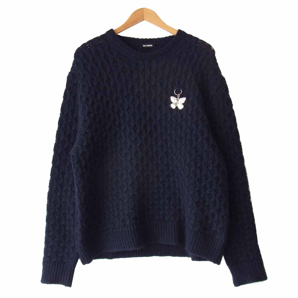 RAF SIMONS ラフシモンズ 19AW バタフライチャーム付き モヘア混 ニット セーター ネイビー系 M【美品】【中古】