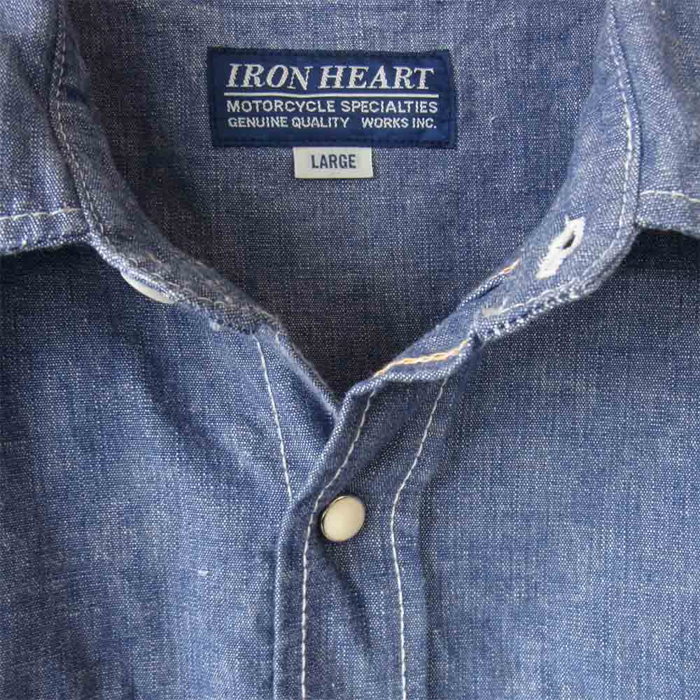 IRON HEART アイアンハート ヘビーセルヴィッジ  シャンブレー ウエスタン シャツ インディゴブルー系 L【中古】