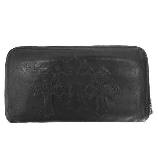 CHROME HEARTS クロムハーツ（原本無） REC F ZIP 3セメタリー クロス パッチ ラウンド ジップ ファスナー ウォレット ブラック系 横幅約20cm【中古】