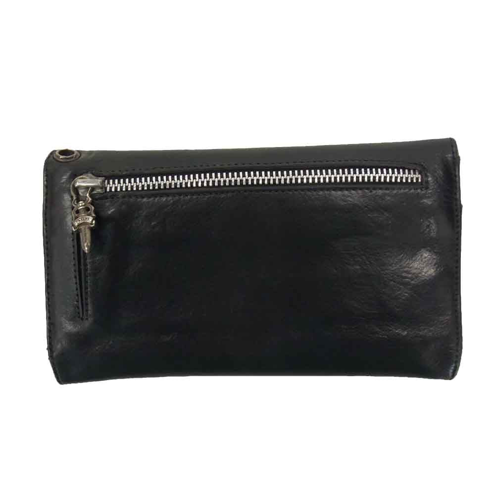 CHROME HEARTS クロムハーツ（原本無） WAVE WALLET ウェーブ ウォレット クロス ボタン ブラック系 横幅約20cm【中古】