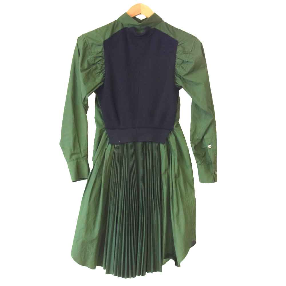 Sacai サカイ 12-01636 ニットコンビ バックプリーツ シャツ ワンピース グリーン系 1【中古】