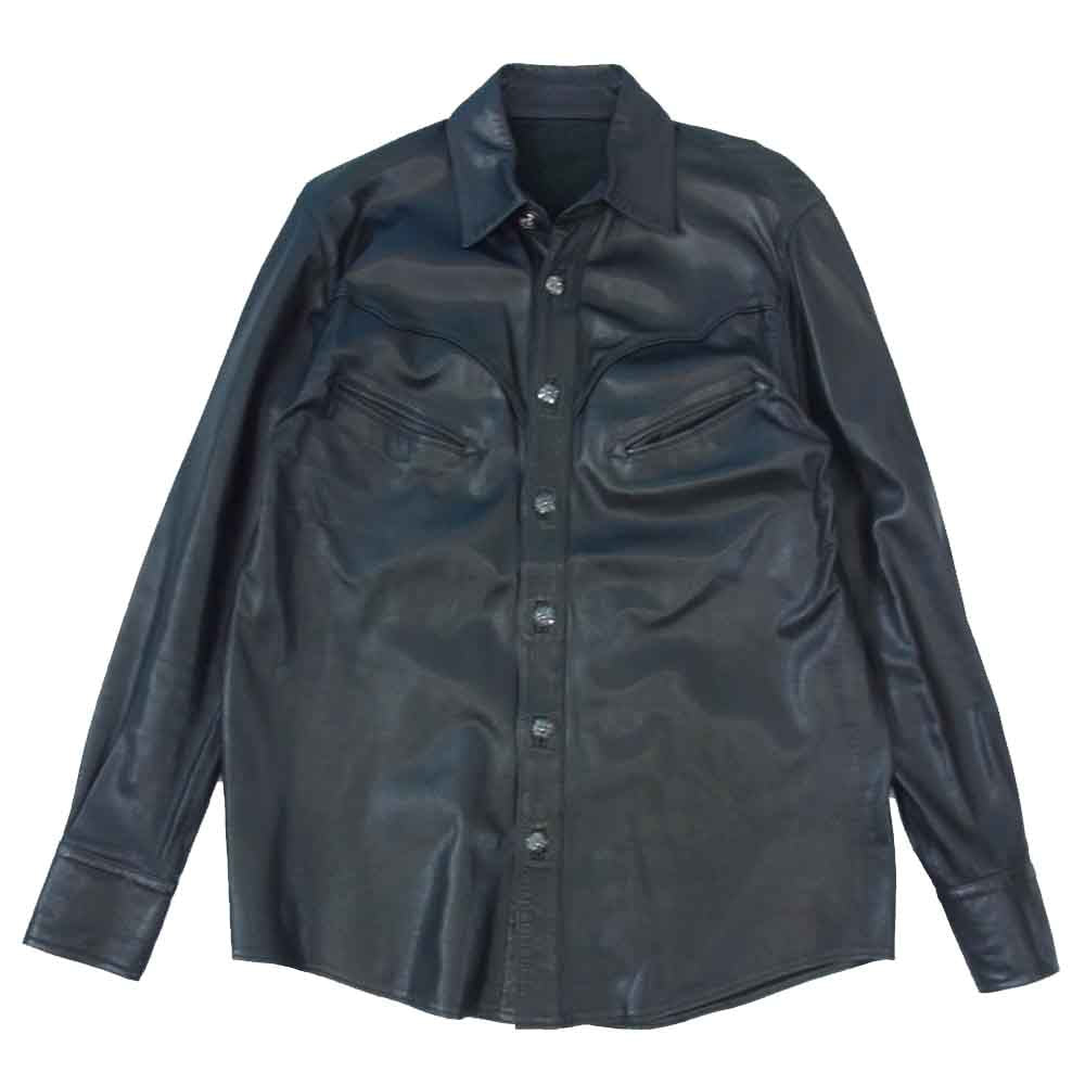 CHROME HEARTS クロムハーツ（原本無） フレアニー クロスボタン レザー シャツ ブラック系 M【中古】
