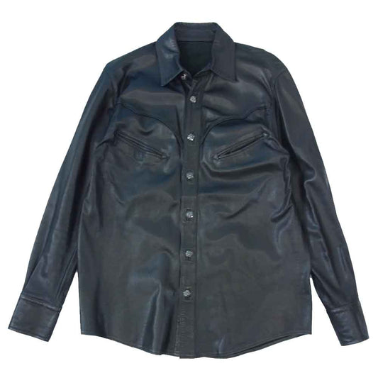 CHROME HEARTS クロムハーツ（原本無） フレアニー クロスボタン レザー シャツ ブラック系 M【中古】