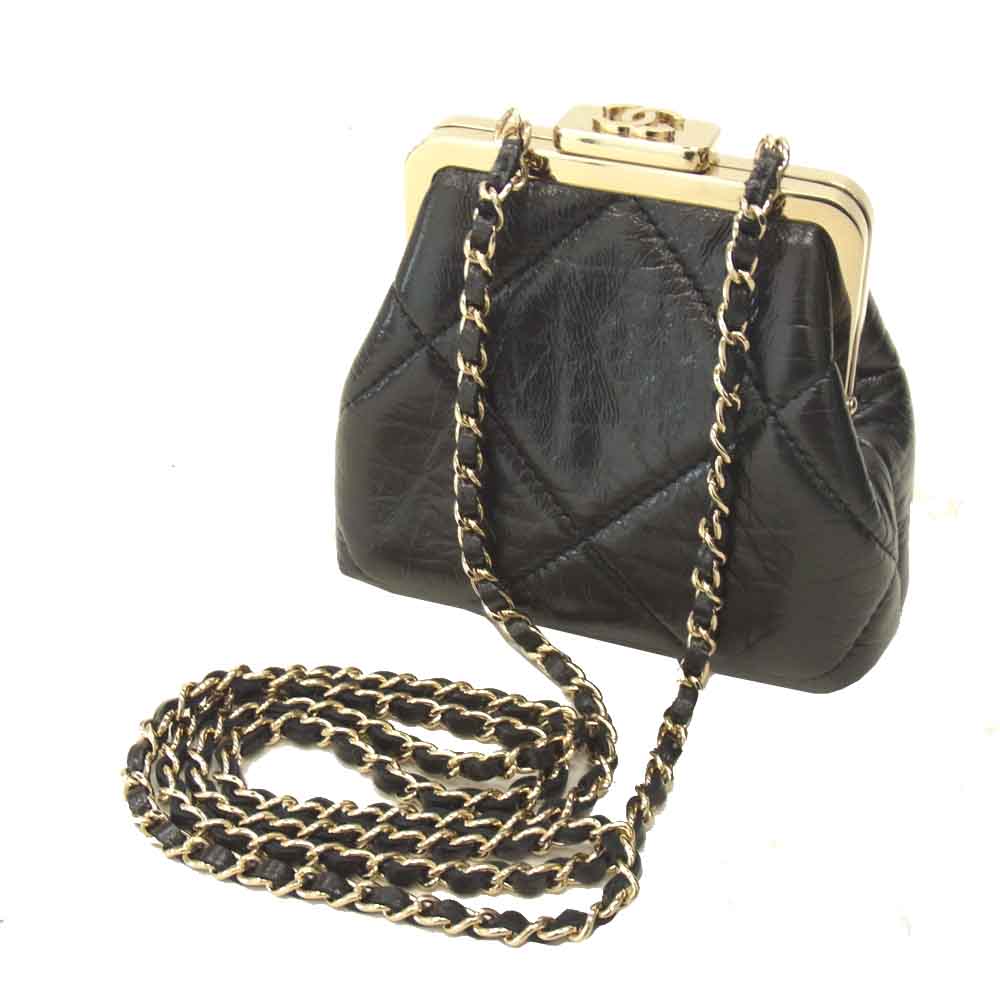 CHANEL シャネル AP1555 B03941 94305 チェーン クラッチ バッグ がま口 シャイニー エイジド ラムスキン ブラック系【美品】【中古】