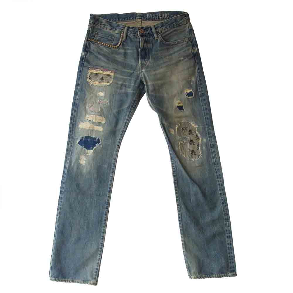 HYSTERIC GLAMOUR ヒステリックグラマー 0253AP19  × NEIGHBORHOOD ネイバーフッド クラッシュ加工 スタッズ デニム パンツ インディゴブルー系 32【新古品】【未使用】【中古】
