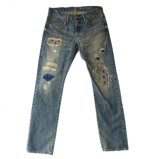 HYSTERIC GLAMOUR ヒステリックグラマー 0253AP19  × NEIGHBORHOOD ネイバーフッド クラッシュ加工 スタッズ デニム パンツ インディゴブルー系 32【新古品】【未使用】【中古】