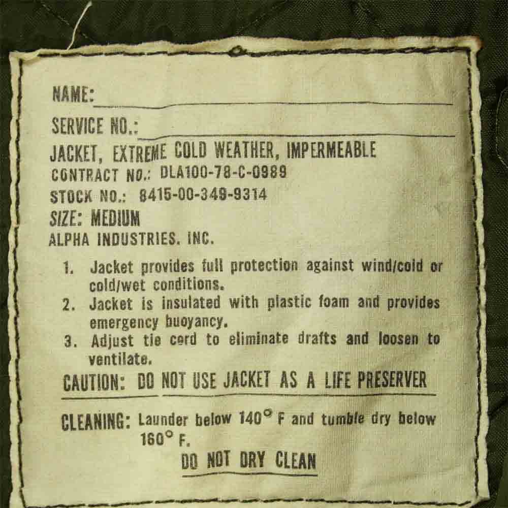 米軍 DLA100-78-C-0989 70's U.S.NAVY EXTREME COLD WEATHER IMPERMEABLE ALPHA社 ナイロンデッキジャケット グリーン系 M【中古】