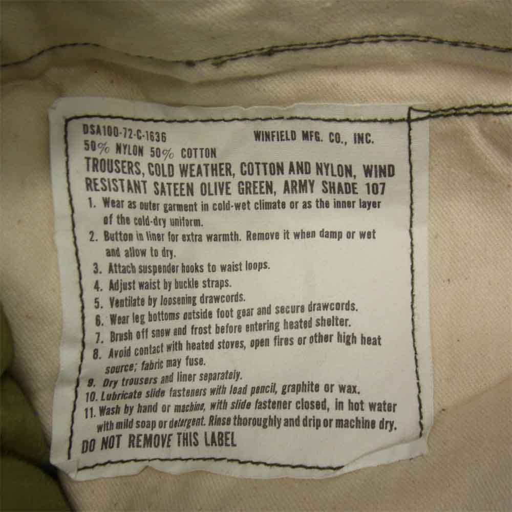 米軍 DSA100-72-C-1636 70's M-65 OD WINFIELD社 USA製 ライナー付 フィールドパンツ カーキ系 M【中古】
