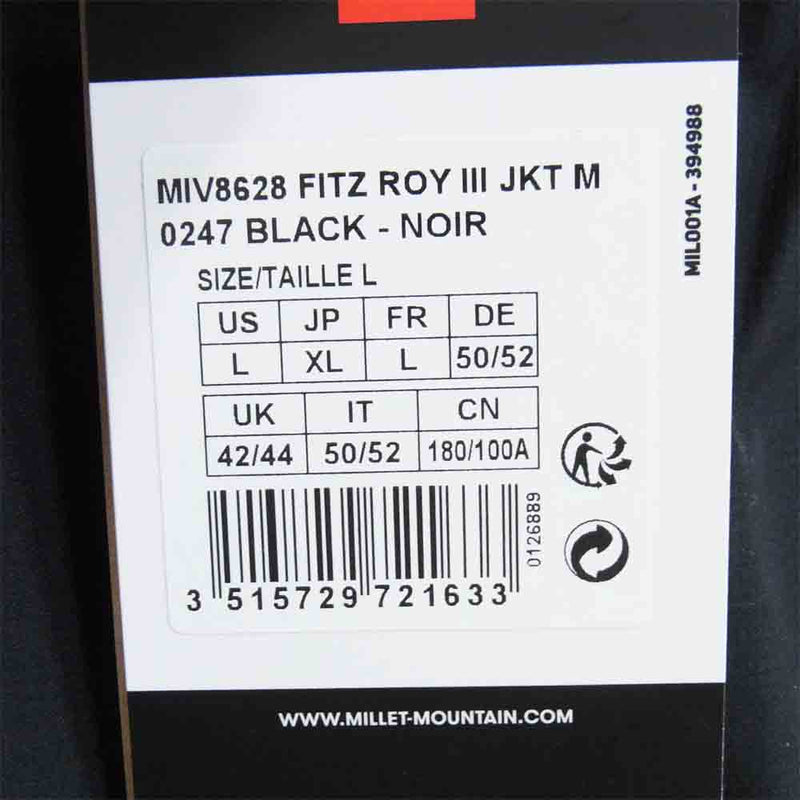 ミレー MIV8628 FITZ ROY III JKT フィッツロイ 3 ジャケット ブラック系 XL【新古品】【未使用】【中古】