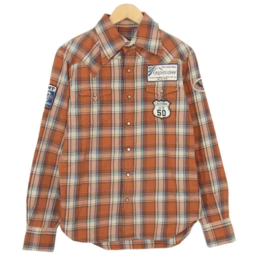 TMT ティーエムティー ワッペン チェック ウエスタン シャツ オレンジ×ブルー オレンジ系 M【中古】