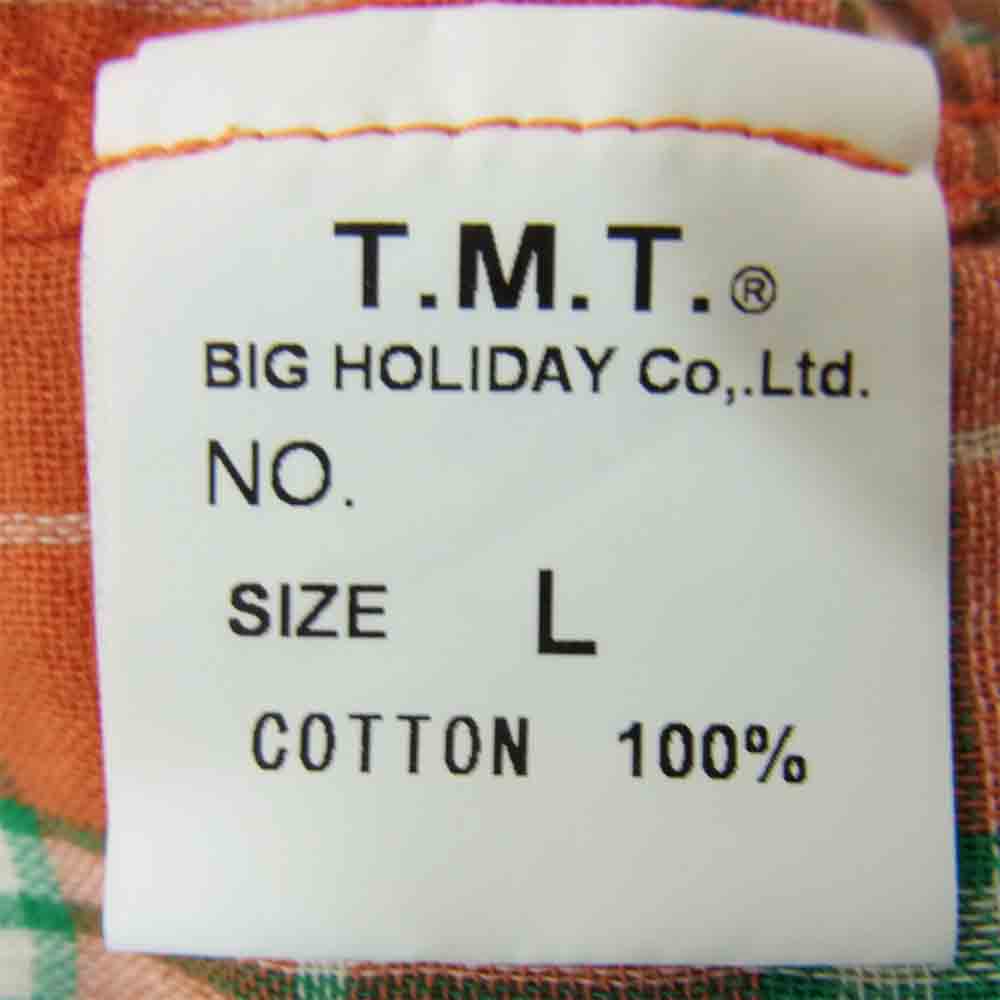 TMT ティーエムティー ダブル ガーゼ ウエスタン チェック 半袖 シャツ オレンジ×グリーン オレンジ系 L【中古】