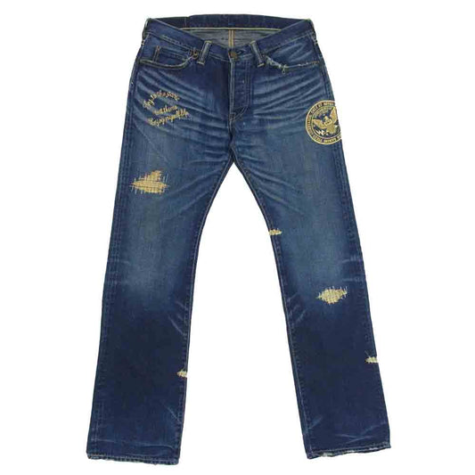 TMT ティーエムティー 金刺繍 ヴィンテージ加工 デニム パンツ インディゴブルー系 L【中古】