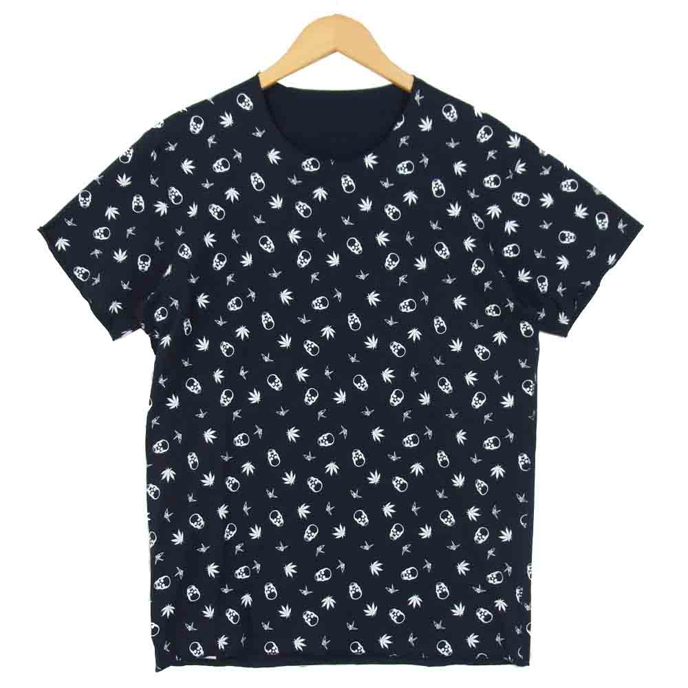 ウノピュウノウグァーレトレ × lucien pellat-finet ルシアンペラフィネ スカル 総柄 半袖 Tシャツ M ネイビー ダークネイビー系 M【美品】【中古】