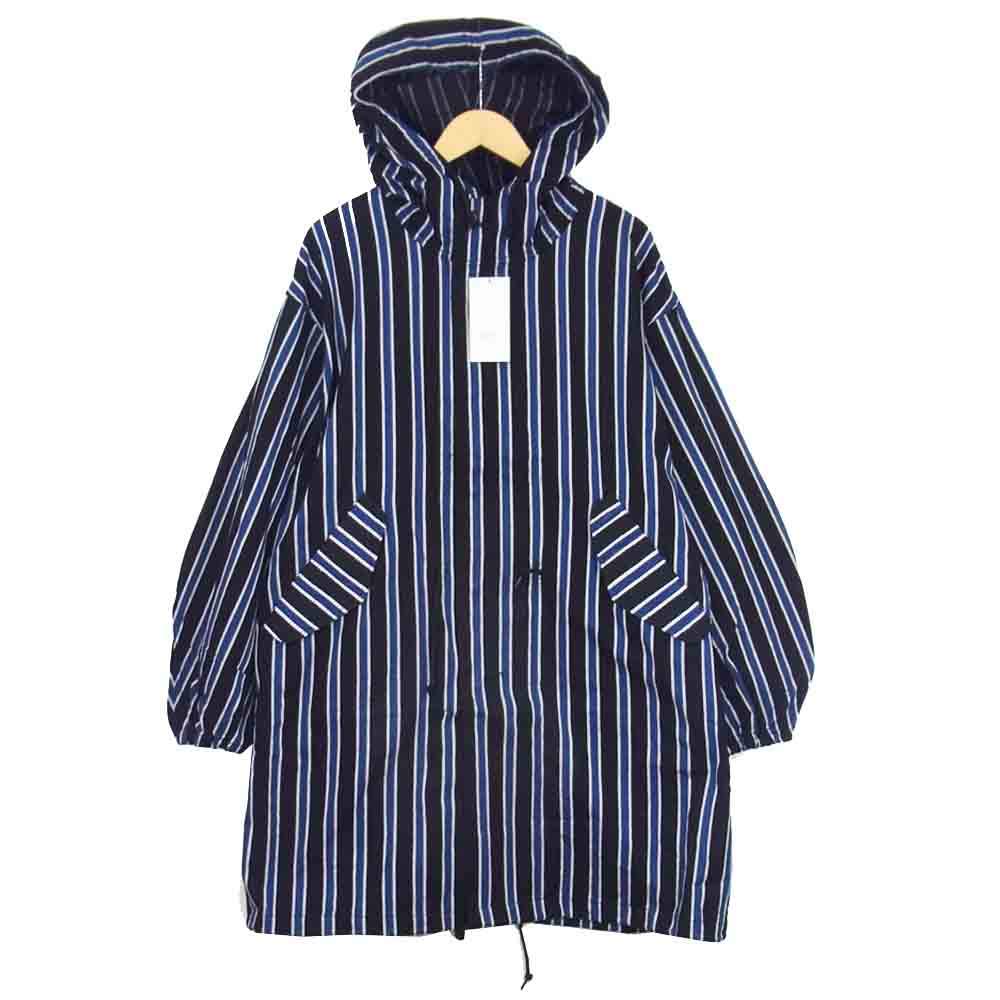 クオン 2002-CO0108 HOODED COAT 裂き織り ストライプ モッズコート ブラック系 L【新古品】【未使用】【中古】