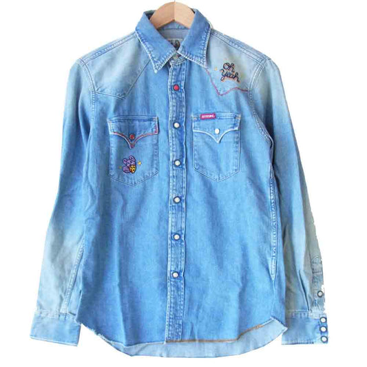 HYSTERIC GLAMOUR ヒステリックグラマー 02191AH10 刺繍 USED加工 デニム 長袖 ウエスタン シャツ インディゴブルー系 S【新古品】【未使用】【中古】
